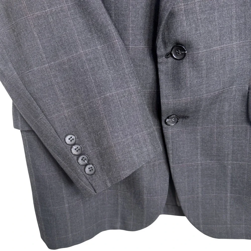 Stafford Single Gray Windowpane Plaid Blazer Suit Jacket Sport Coat USA 43R Mens